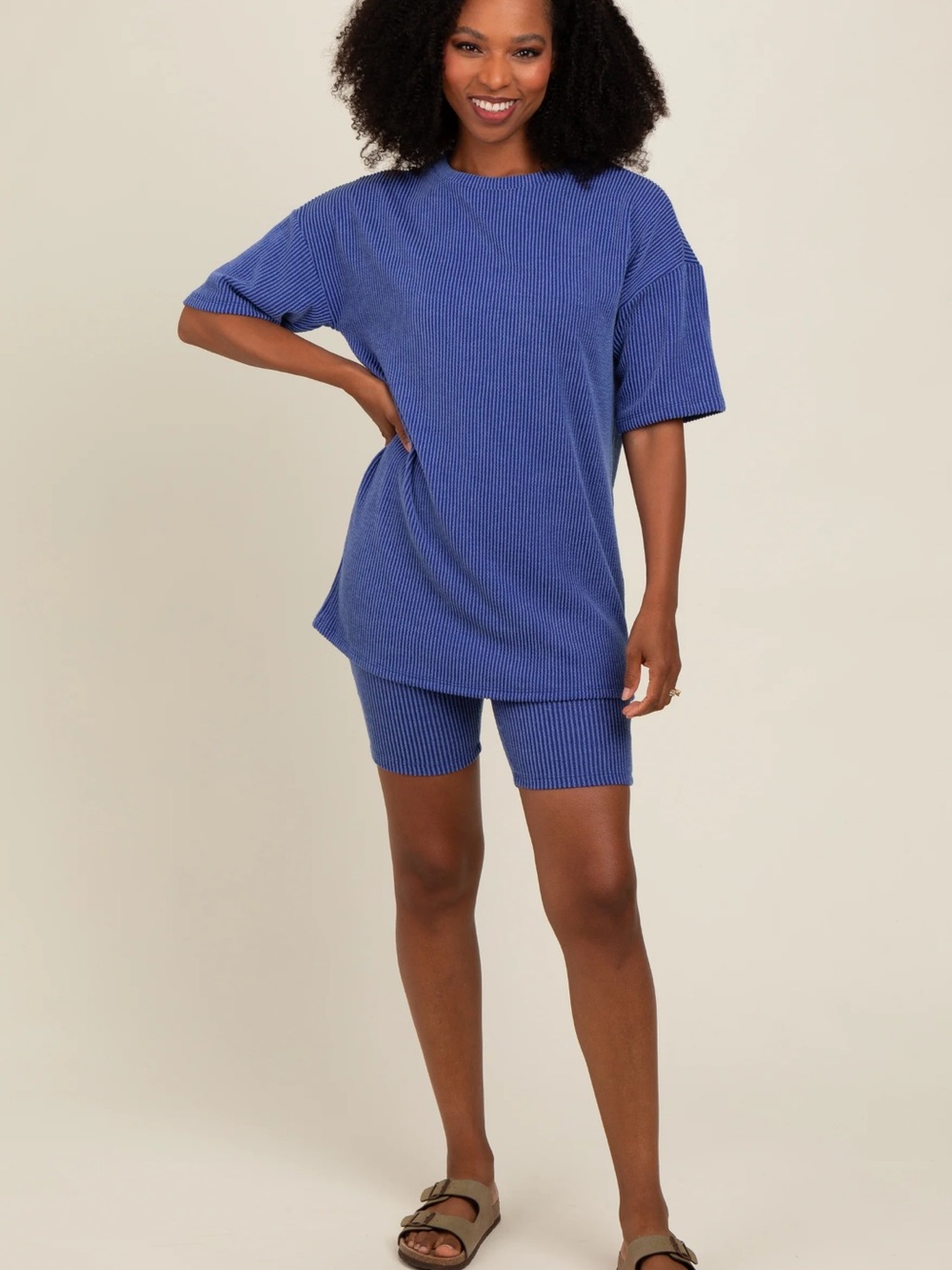 PinkBlush Ribbed Two-Piece Lounge Set in Blue